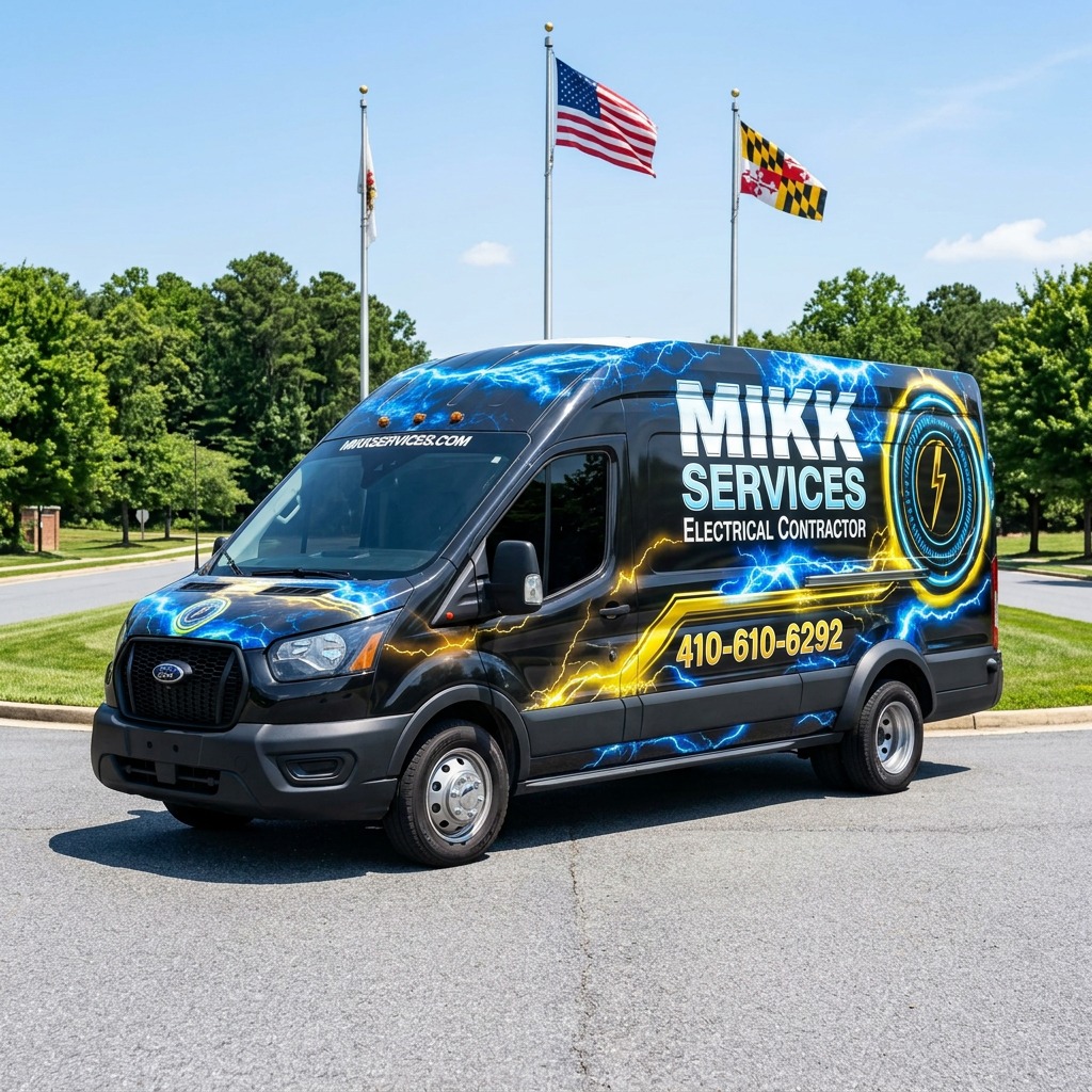 Mikk Services branded electrical contractor van — Maryland